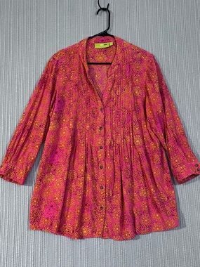 Rock Flower Paper Colorful Tunic Top Boho Orange Print Womens XL